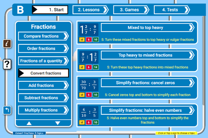 Sub-categories and topics available for beginner fractions at free-maths.games