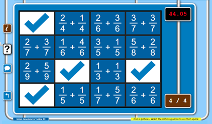 Screenshot of Four in a row game for learning and practicing elementary math online